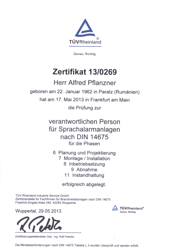 Zertifikat für verantwortliche Person für SAA nach DIN 14675 ausgestellt für Alfred Pflanzner