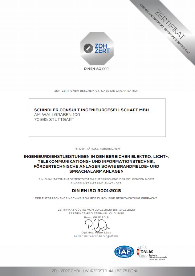 Zertifikat für DIN EN ISO 9001:2015 ausgestellt auf Schindler Consult Ingenieurgesellschaft mbH