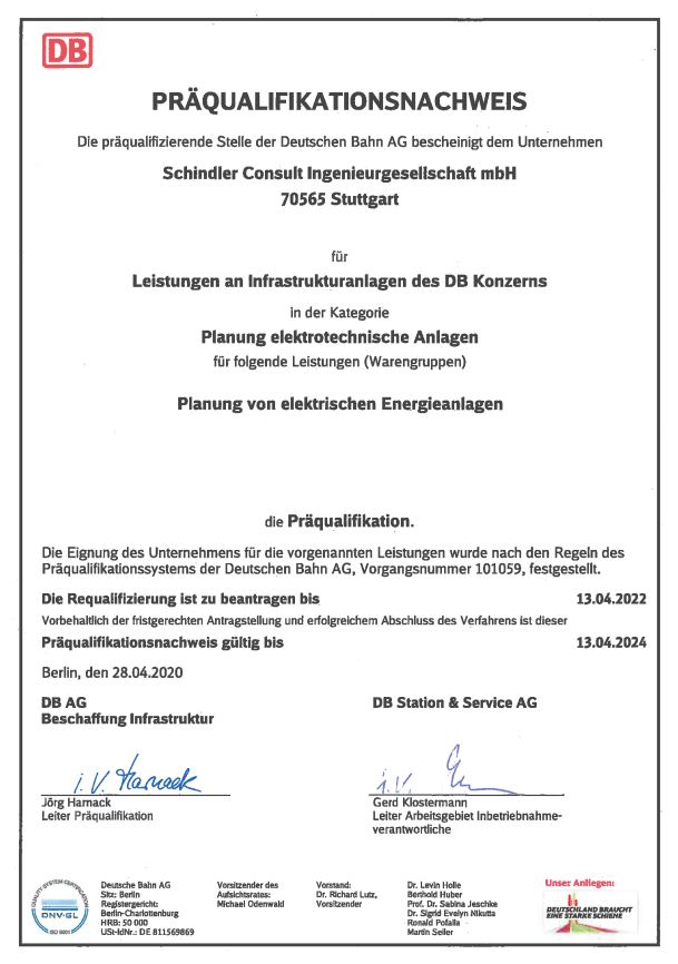 Präqualifikationsnachweis der Deutschen Bahn AG ausgestellt für Schindler Consult Ingenieurgesellschaft mbH